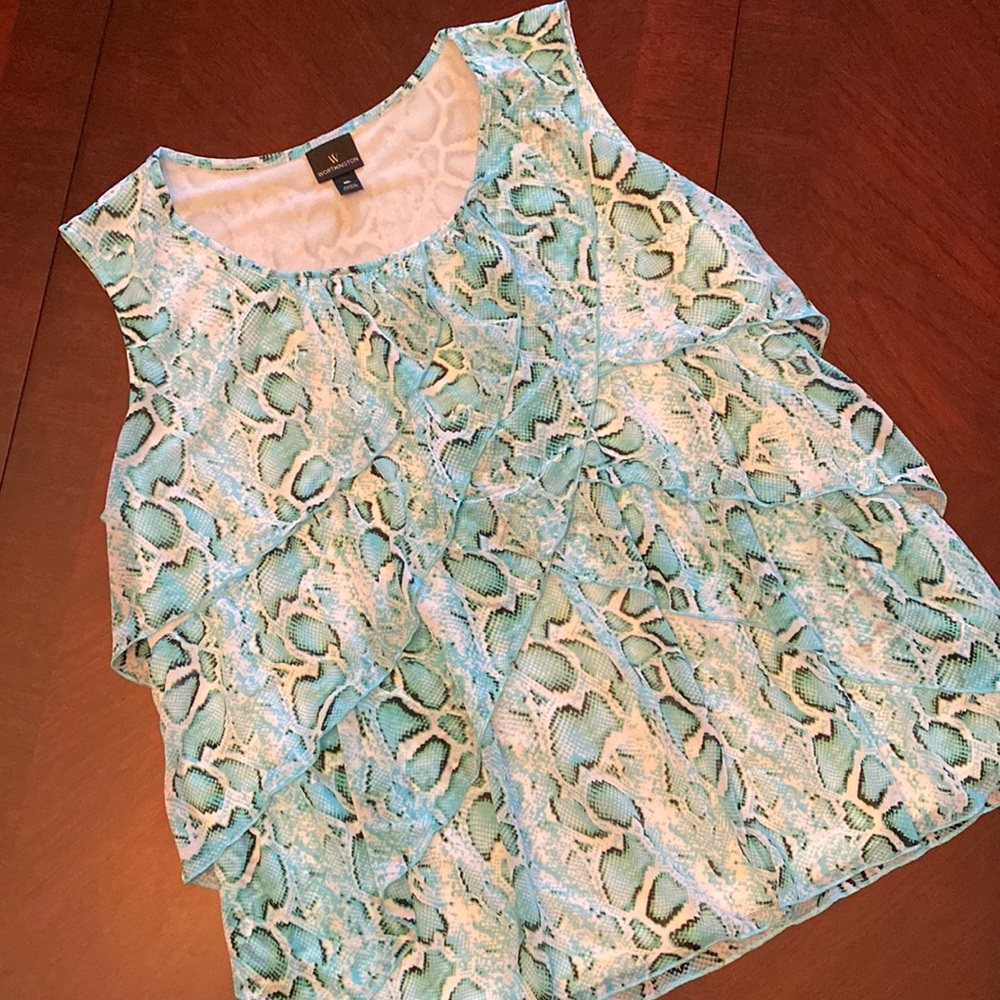Worthington Blue Snake Print Layered Ruffled Sleeveless Blouse Top XL